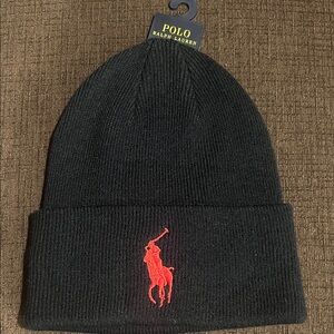 Polo by Ralph Lauren Big Pony Black Knit Beanie with Red Pony